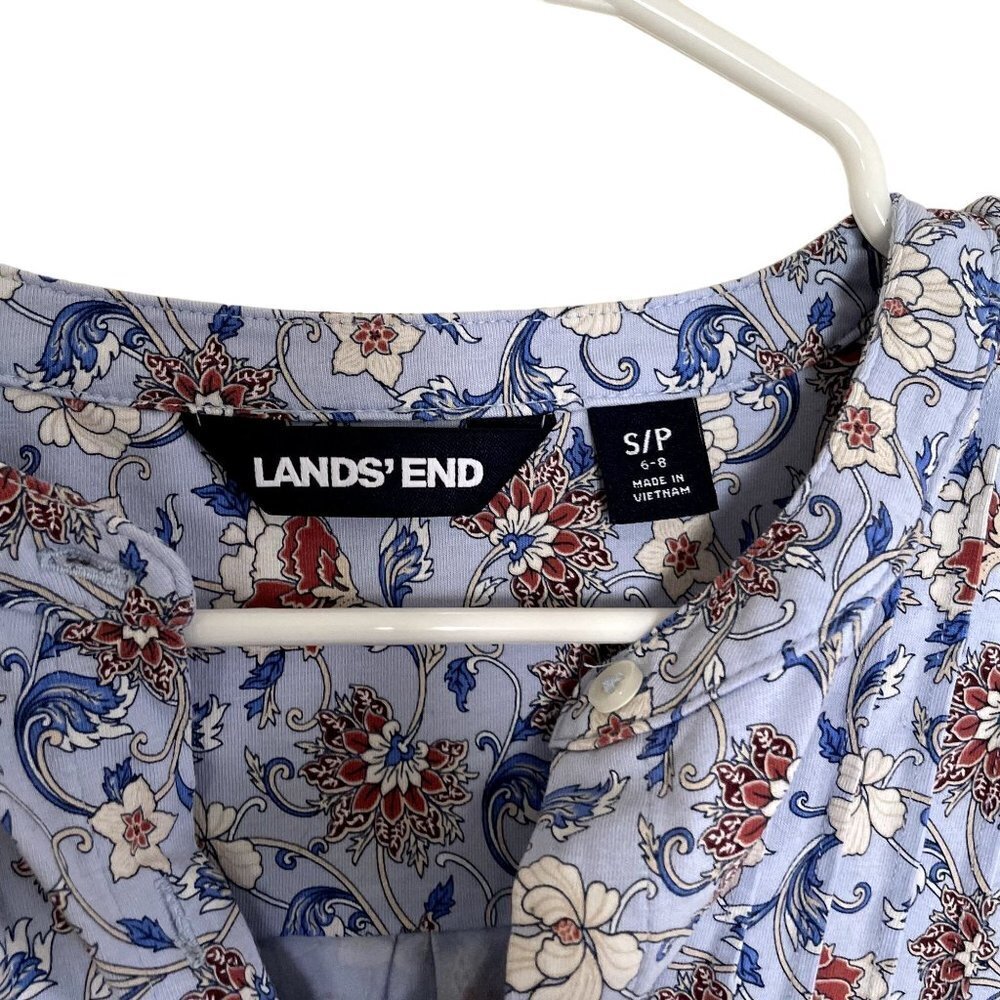 Lands' End blue white red blouse long sleeves v-neck buttons casual top shirt - Picture 3 of 5